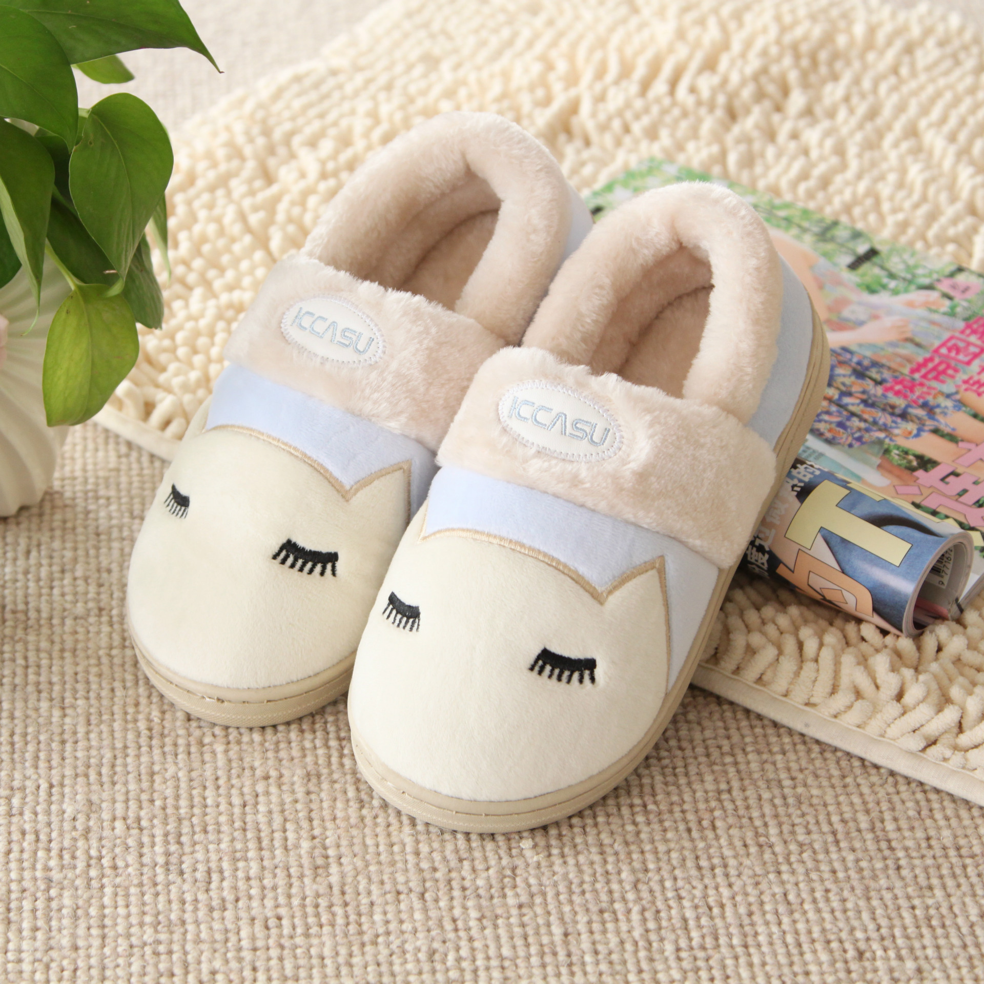 iccasu棉拖鞋秋冬季情侣新品包跟厚底防滑加厚猫咪款居家动物拖鞋