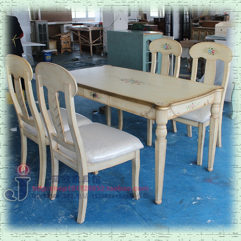 简式066 欧式仿古彩绘餐台美式做旧家具实木腿桌子小户型餐桌椅组