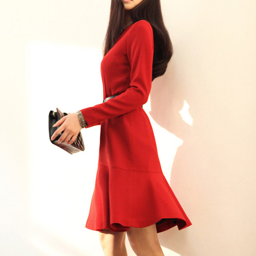 韩国SZ品牌女装优雅呢子鱼尾裙摆收腰显瘦连衣裙长袖