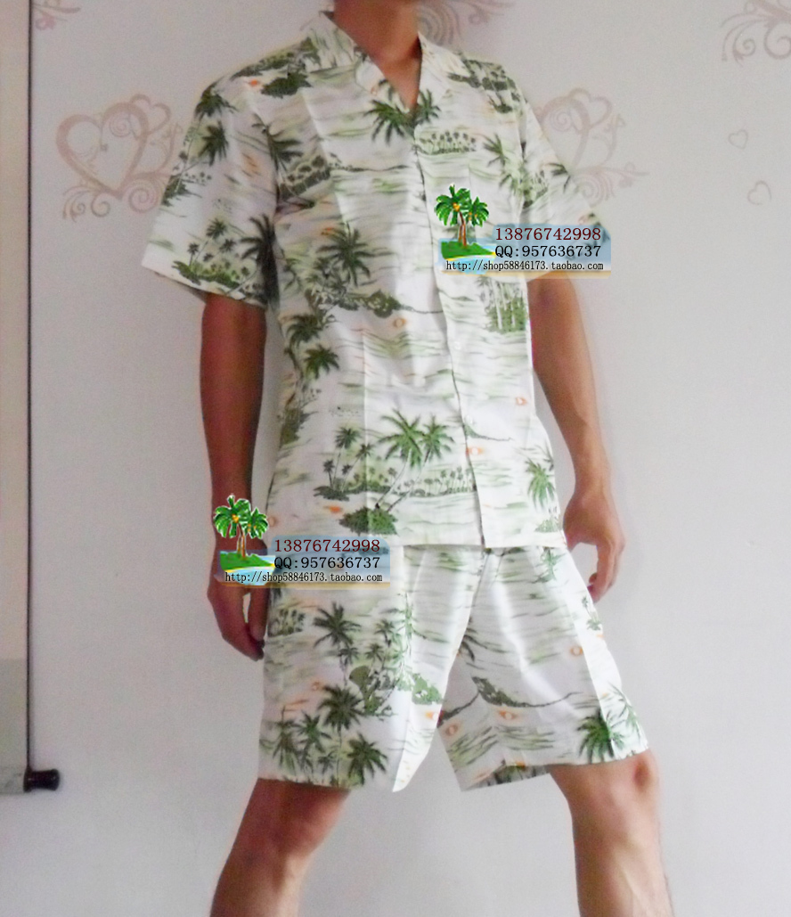 金椰子海南衫 纯棉情侣沙滩服 夏装短袖男女都市休闲椰子绿色套装