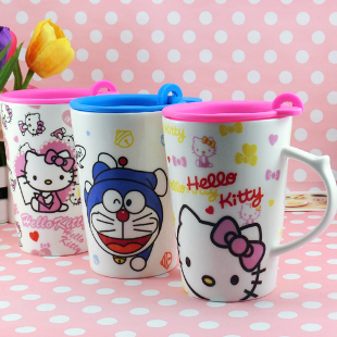 Hellokitty机器猫创意骨瓷杯带盖可爱卡通杯儿童杯子陶瓷水杯情侣