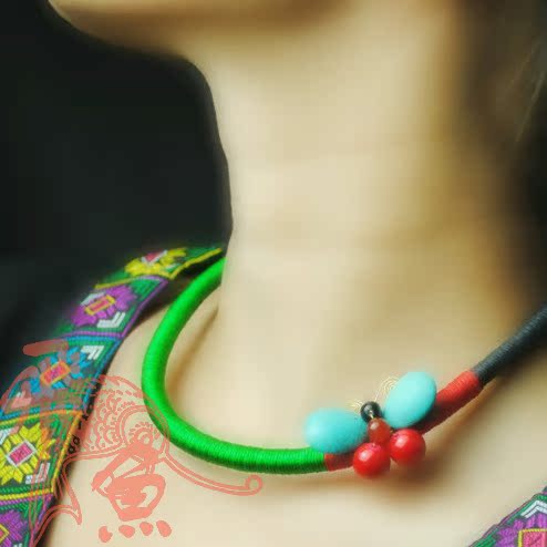 原创中国风民族风 纯手工个性编织复古项链女式蝴蝶绿松石项圈