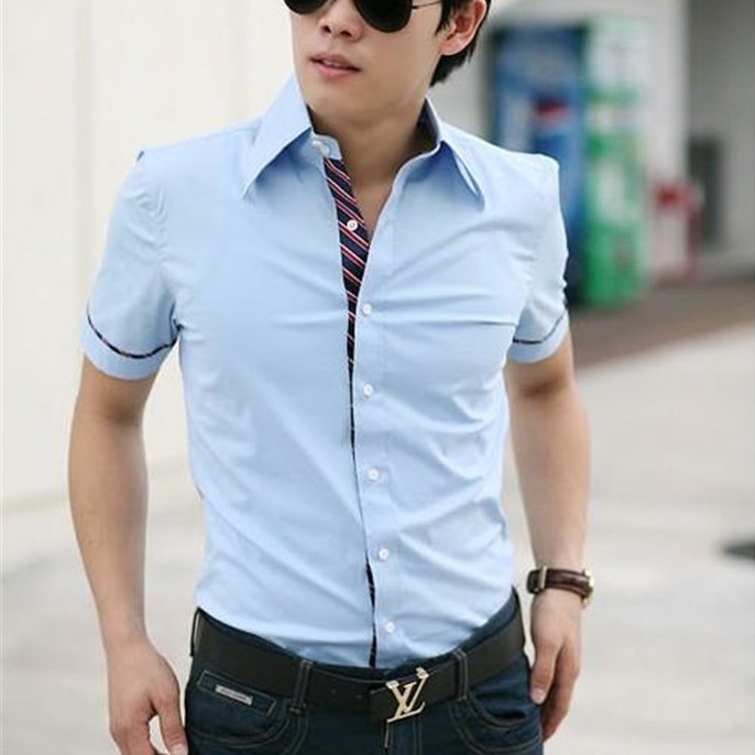 新品薄款男装免烫男士衬衣韩版修身新款浅蓝色休闲半袖衬衫潮短袖