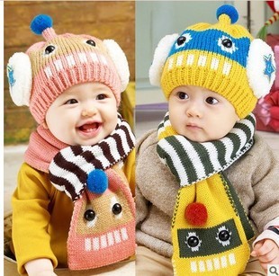 婴儿帽子秋冬 新款儿童帽毛绒帽机器人帽宝宝帽子围巾两件套男女