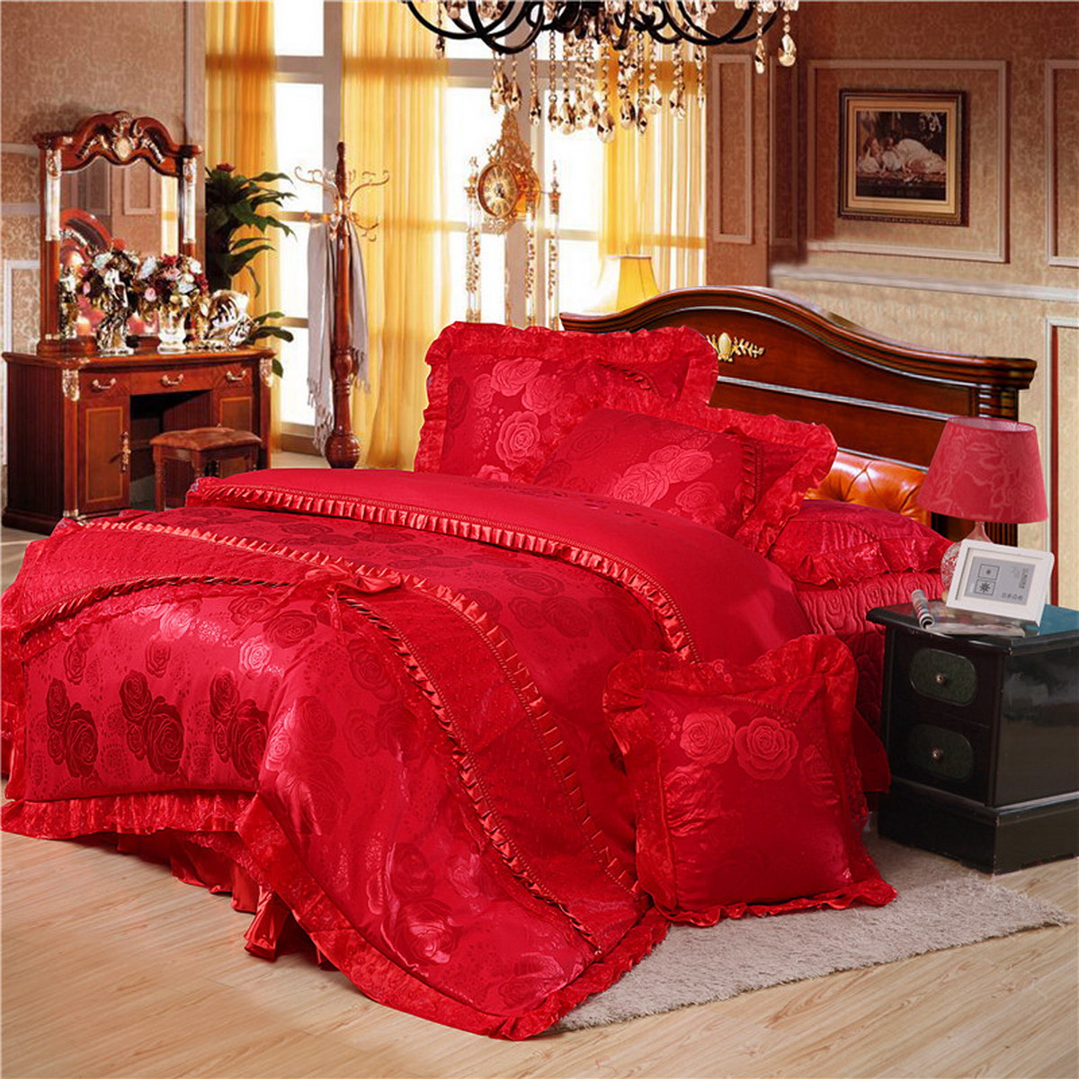 玫瑰仙子大红婚庆韩式公主风格床上用四件套，专柜品质，特价包邮