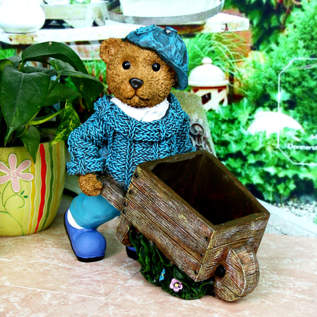 现货西洋工艺品园丁泰迪熊推车花盆花园摆件欧式园艺饰品庭院