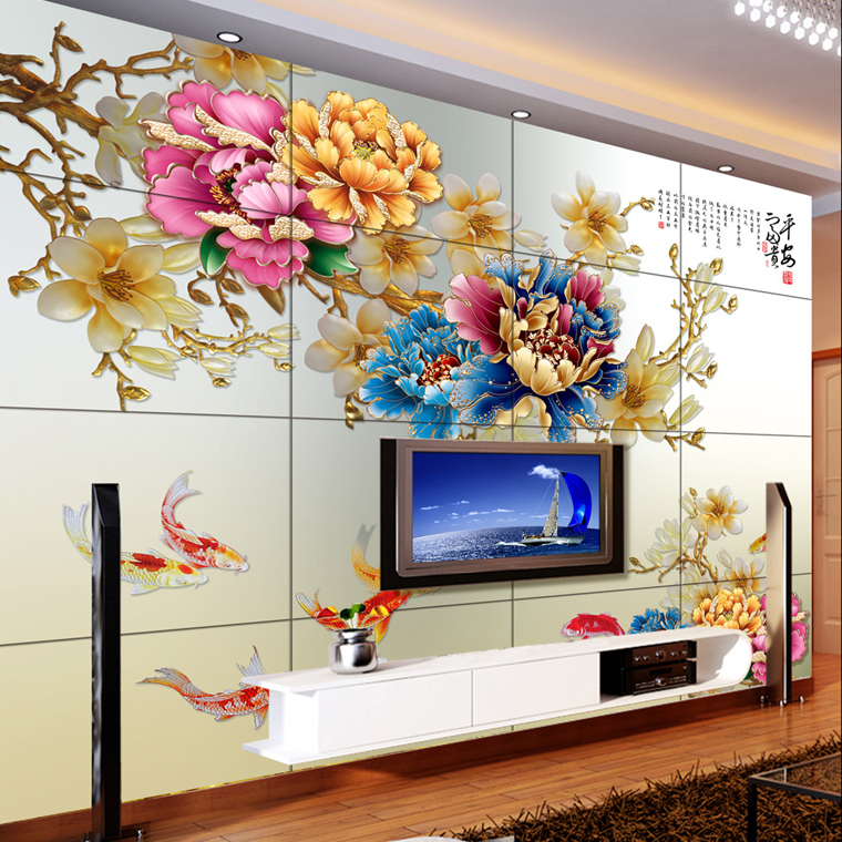 定制金色牡丹彩雕大型中式壁画 富贵花开九鱼墙纸 客厅电视背景墙