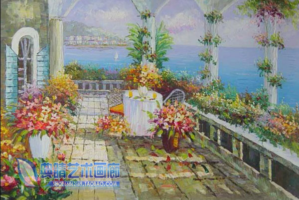 纯手绘欧式花园风景油画现代家居横幅无框装饰酒吧咖啡厅配HUF19