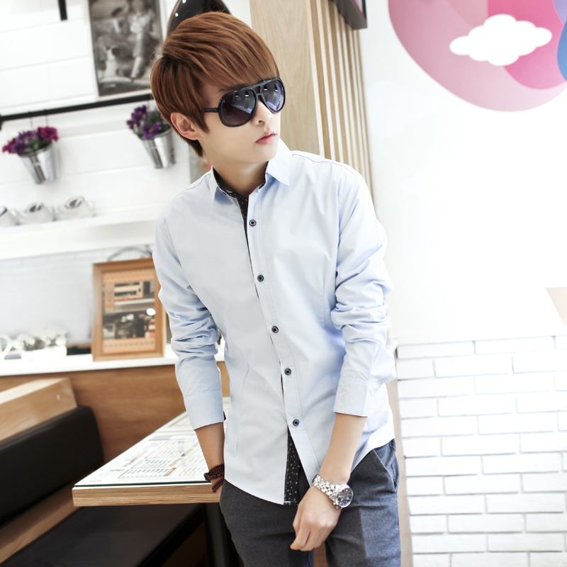 2015春季新款青少年衬衫长袖韩版修身纯色男士修身型男衬衣职业装