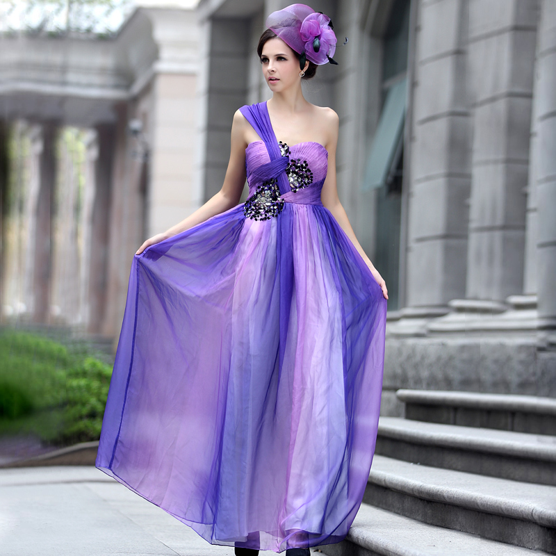 紫色渐变坠地长款礼服 单肩舞会晚装雪纺礼服晚会表演舞台晚礼服