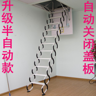 半自动复式家用伸缩楼梯室内小阁楼楼梯升降折叠扶手钢木楼梯扶手