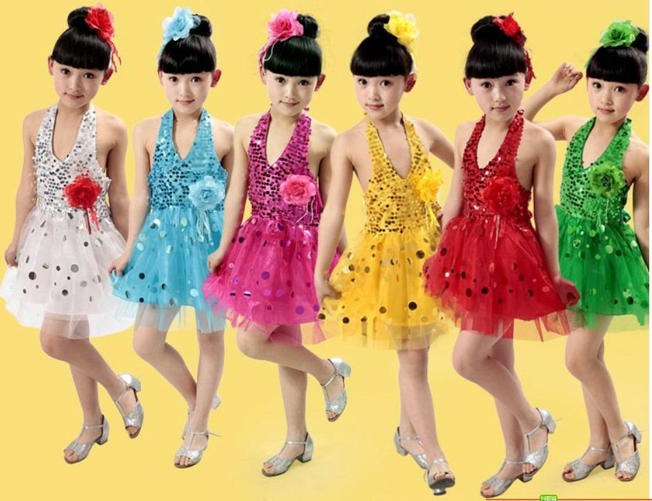 六一儿童拉丁舞表演服装女孩亮片舞蹈演出服装亮片连衣裙送头饰