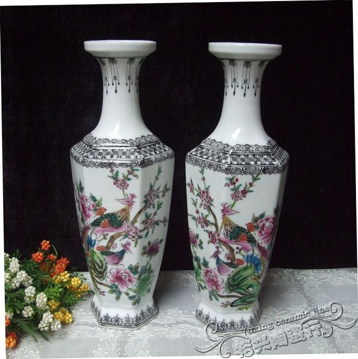 景德镇陶瓷花瓶 手绘粉彩六角花瓶花鸟花瓶一对价