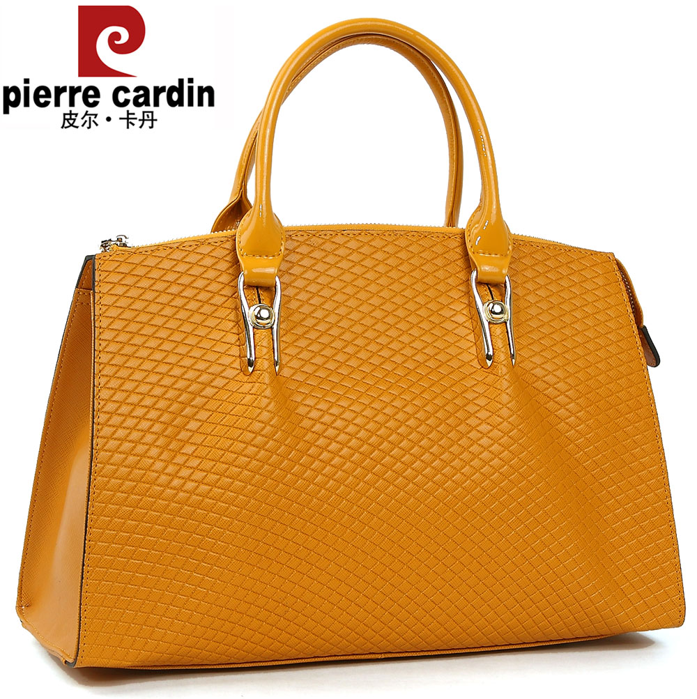 皮尔卡丹女包 新款黄色手提包欧美时尚牛皮手拎包正品定型包