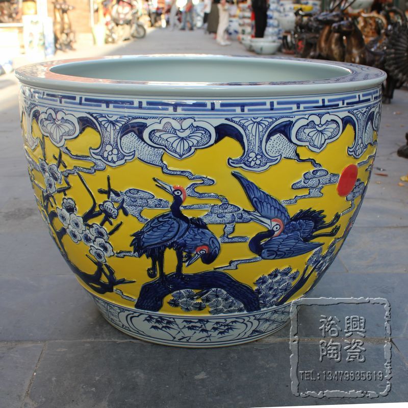 景德镇陶瓷鱼缸大号风水创意生态鱼缸手绘雕刻仙鹤图黄色特大鱼缸