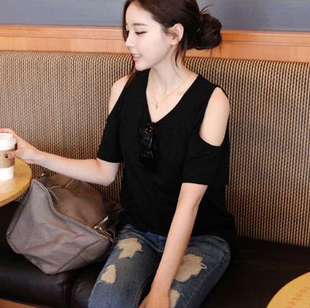 2013春夏装新款韩版女装显瘦气质优雅纯黑色露肩性感宽松百搭Tt恤
