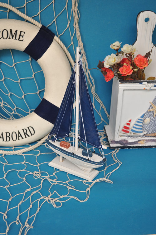 2015全民疯抢(中号)地中海风格实木蓝色装饰帆船 实木帆船