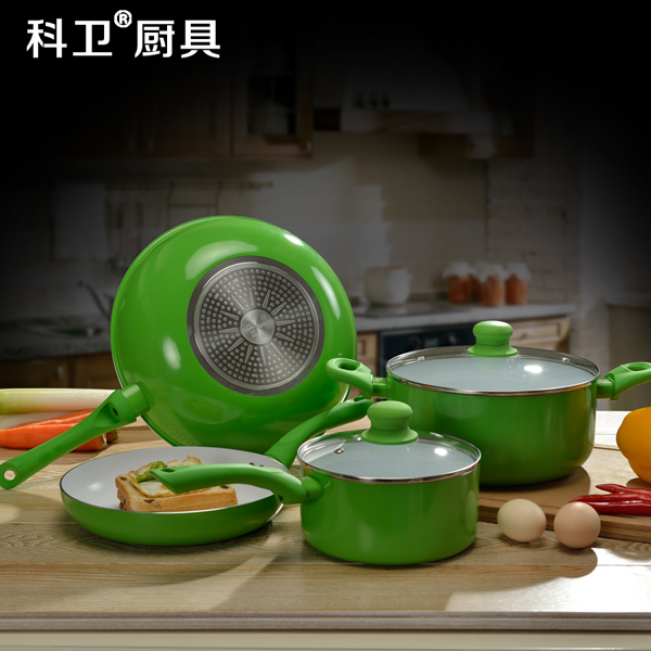【特价】科卫绿色炒汤奶煎陶瓷不沾锅具套装组合涂层无烟电磁燃气