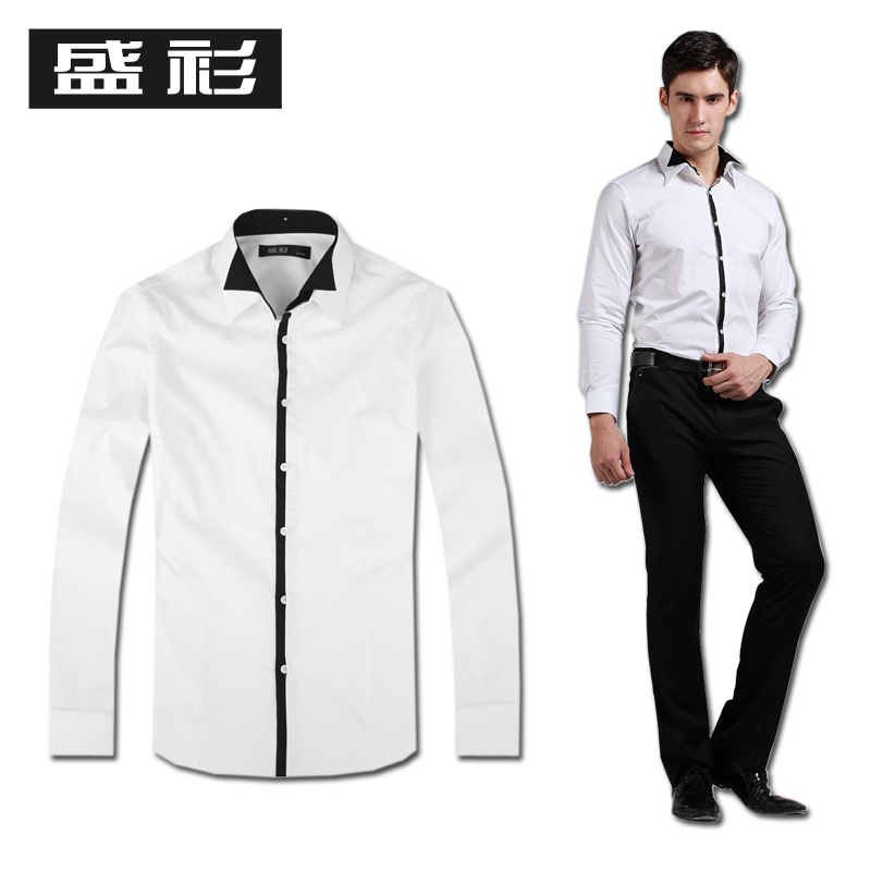 新款正品男装 个性黑色领纯棉白色男士衬衫韩版休闲修身长袖衬衣