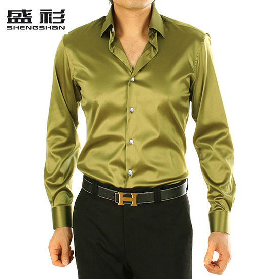 新款正品男装 仿真丝绸缎翻领黄绿色衬衣 韩版修身长袖休闲男衬衫