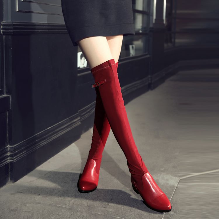 超美细腿皮带扣装饰红色+黑色过膝弹力靴