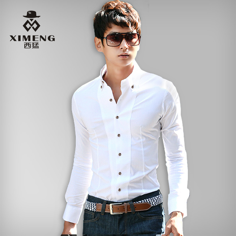 西猛春季新款男装韩版修身男士长袖衬衫时尚纽扣紧身白色休闲衬衣