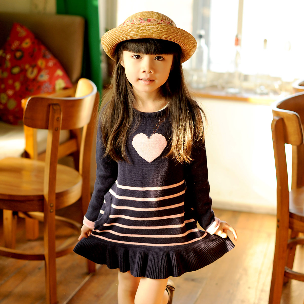 童装女童连衣裙2016春季韩版长袖条纹公主针织连衣裙儿童打底裙