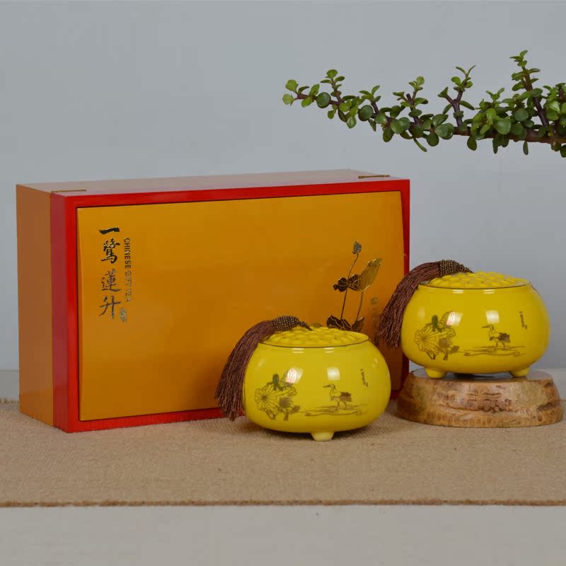 一鹭莲升两罐木制礼盒装茶叶罐 定制木盒瓷罐茶叶包装礼盒批发