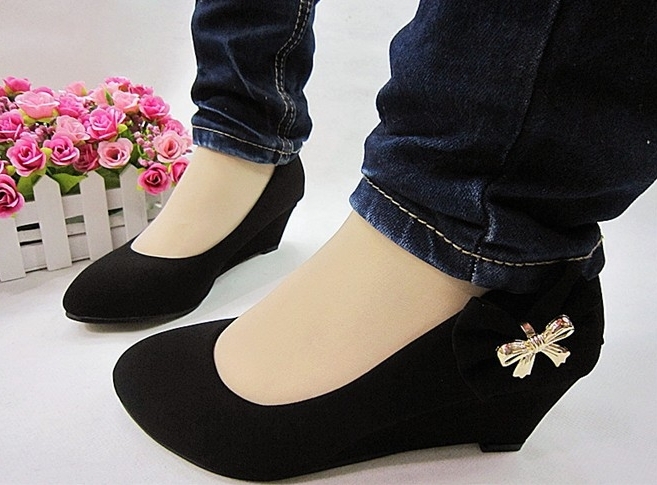 2013新款高跟坡跟中跟浅口单鞋黑色蝴蝶结舒适工作鞋妈妈鞋护士鞋