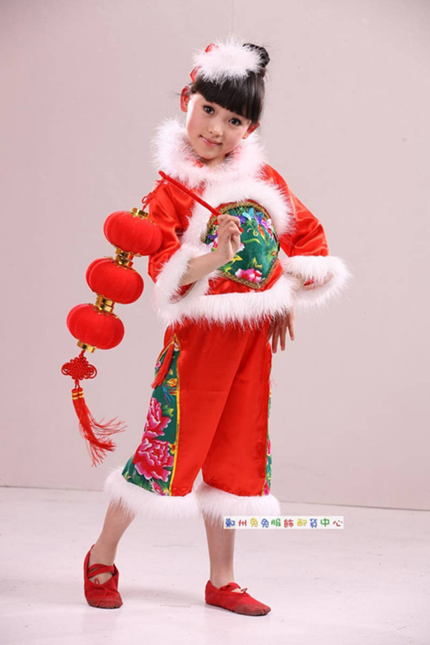 儿童演出服装 唐装 花布衫 名族特色古典 小村姑红灯笼表演服装