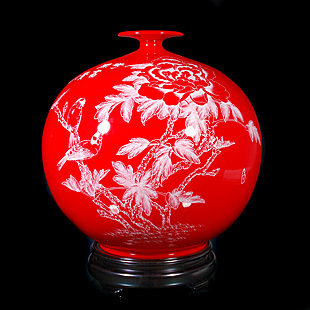 柯少泓 中国红-天地方圆38cm 富贵牡丹 刻瓷艺术品