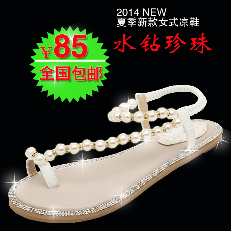 2014夏季新款 珍珠水钻串珠平跟罗马 欧美舒适女鞋套趾 平底凉鞋