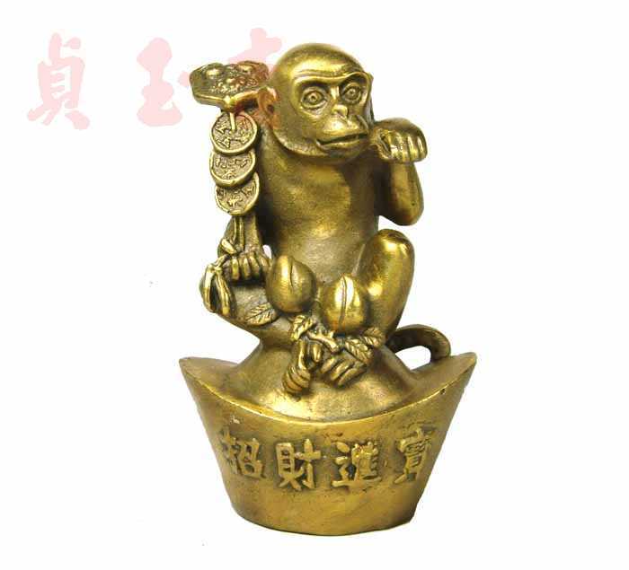 【贞玉吉】开光风水铜器黄铜摆件 纯铜招财猴坐元宝持如意铜钱