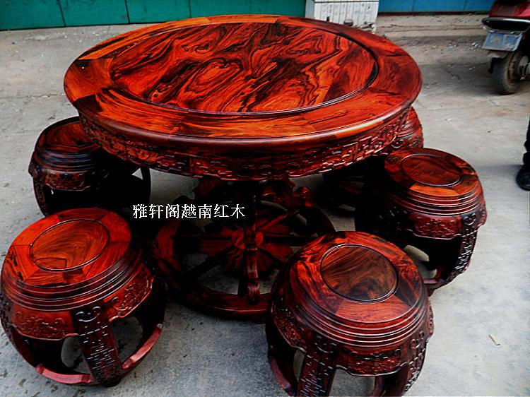 红木家具老挝大红酸枝精美雕花餐桌 交趾黄檀餐桌台7件套