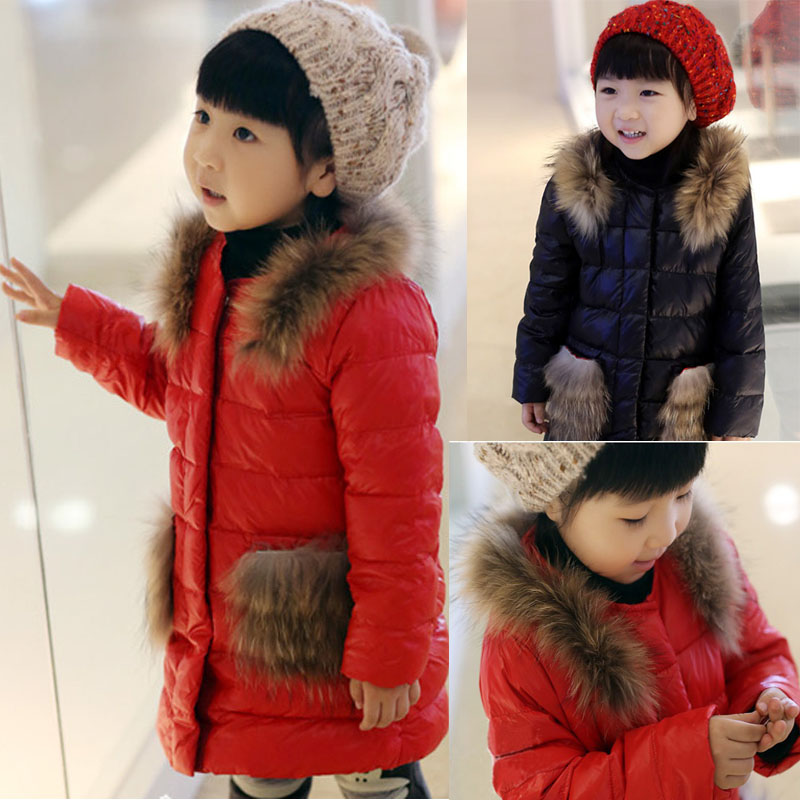 冬装 韩版女童加绒加厚中长款棉衣 儿童毛毛圆领棉服外套