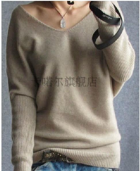 【天天特价】秋冬女新款纯山羊绒衫低V领短款打底针织宽松蝙蝠衫