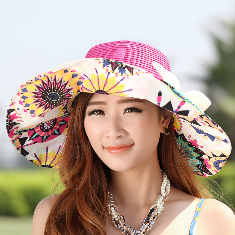 新款帽子女士夏天韩版大沿防晒帽可折叠圆顶 遮阳沙滩帽草编凉帽