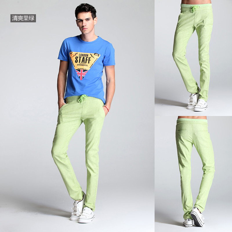 新款大码亚麻裤 男士修身休闲裤 男式糖果色铅笔裤子 绿色小脚裤