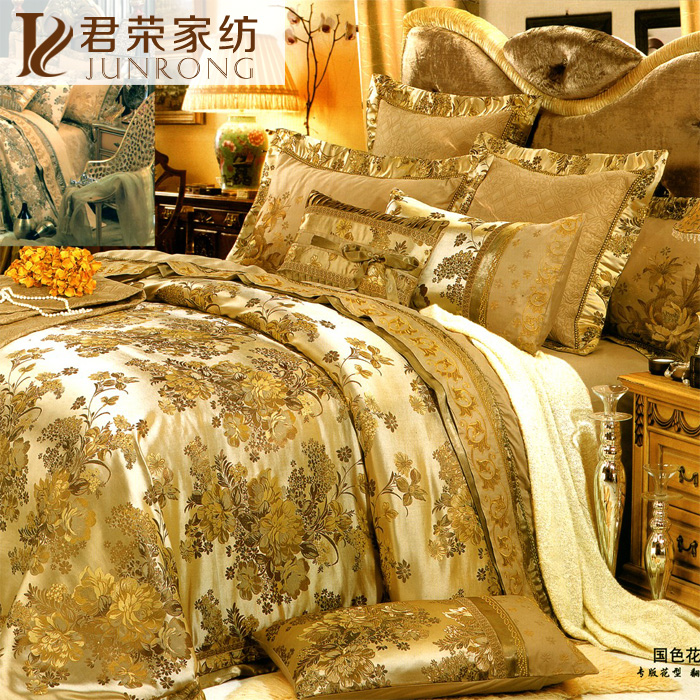 欧美式高档样板房床上用品多件套件  金色宫廷十件套贡缎提花床盖