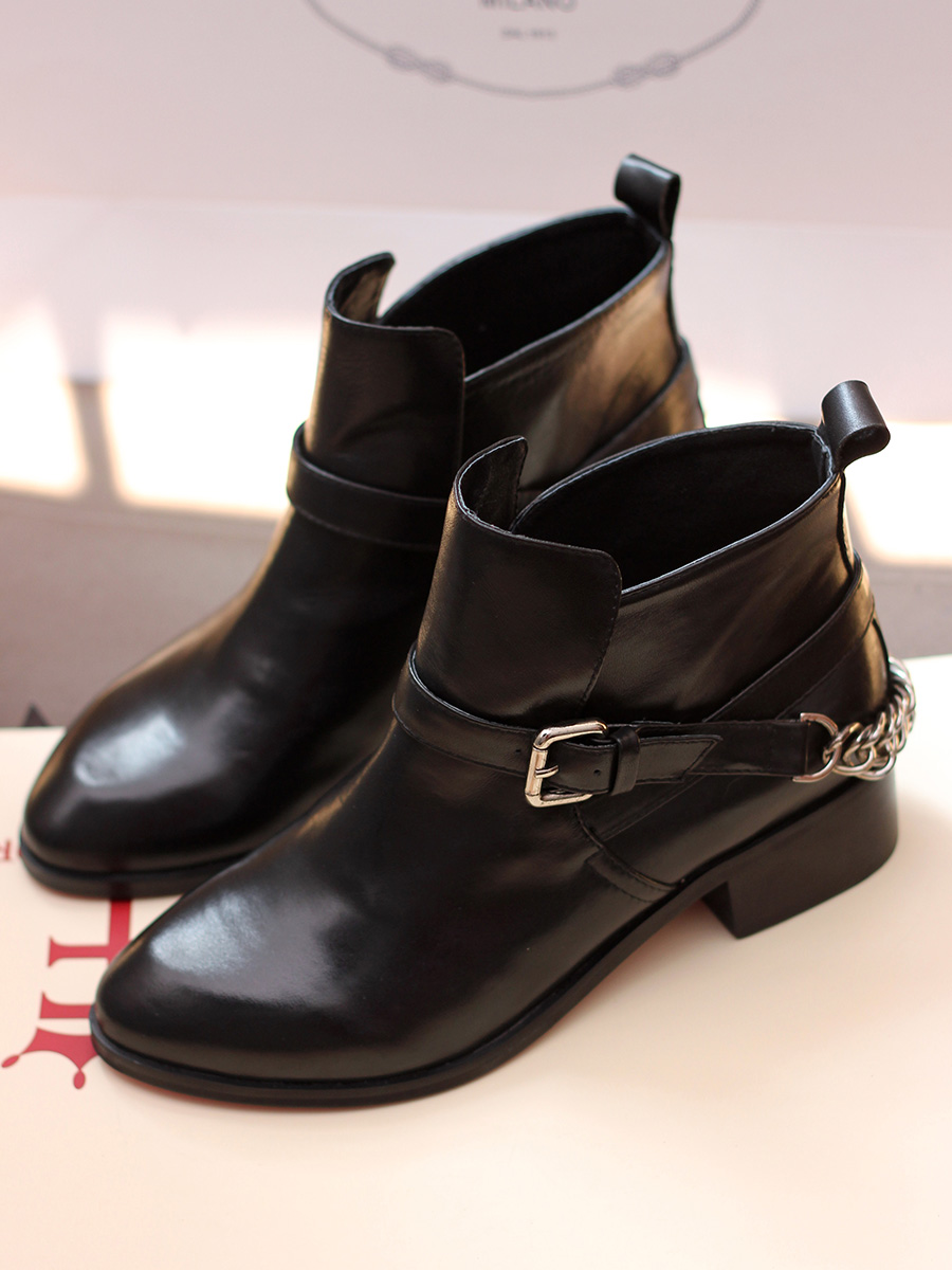 欧洲站2013 新款 锁链欧美风尖头粗跟短靴牛皮裸靴中跟真皮马丁靴