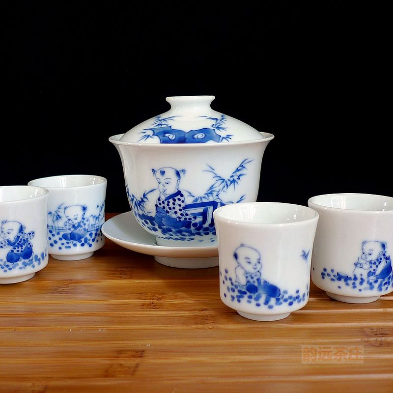 景德镇手绘五头茶具 手绘青花瓷人物盖碗 品茗杯 铁观音5头茶具
