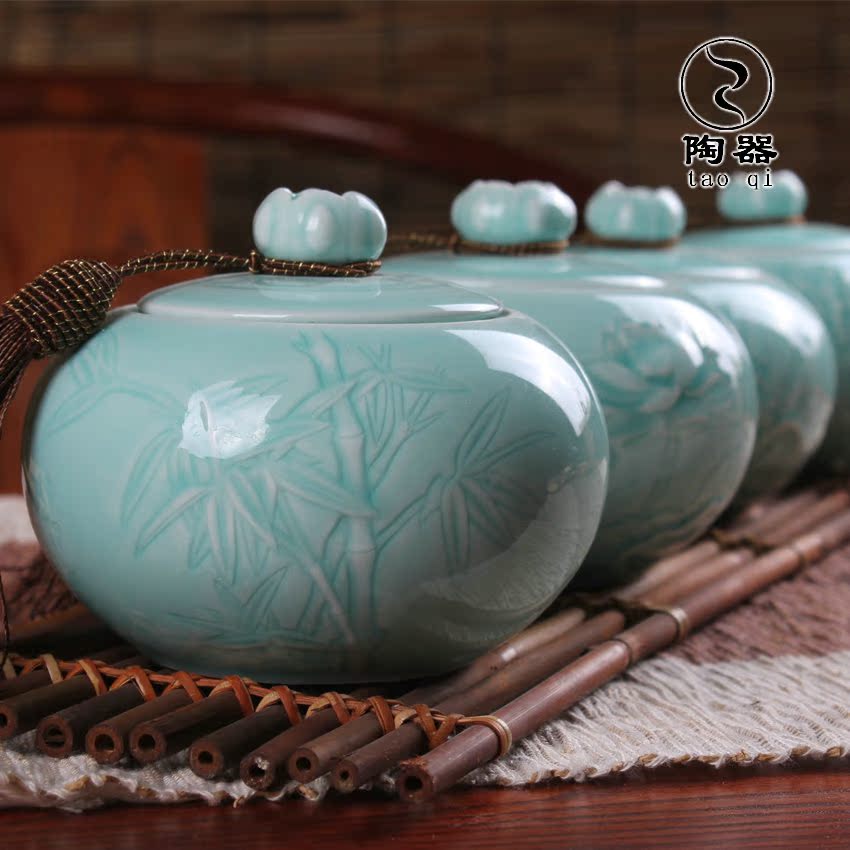 陶器工坊 龙泉青瓷茶叶密封罐 储茶罐 恬瓷浮雕瓶半斤装 自产自销