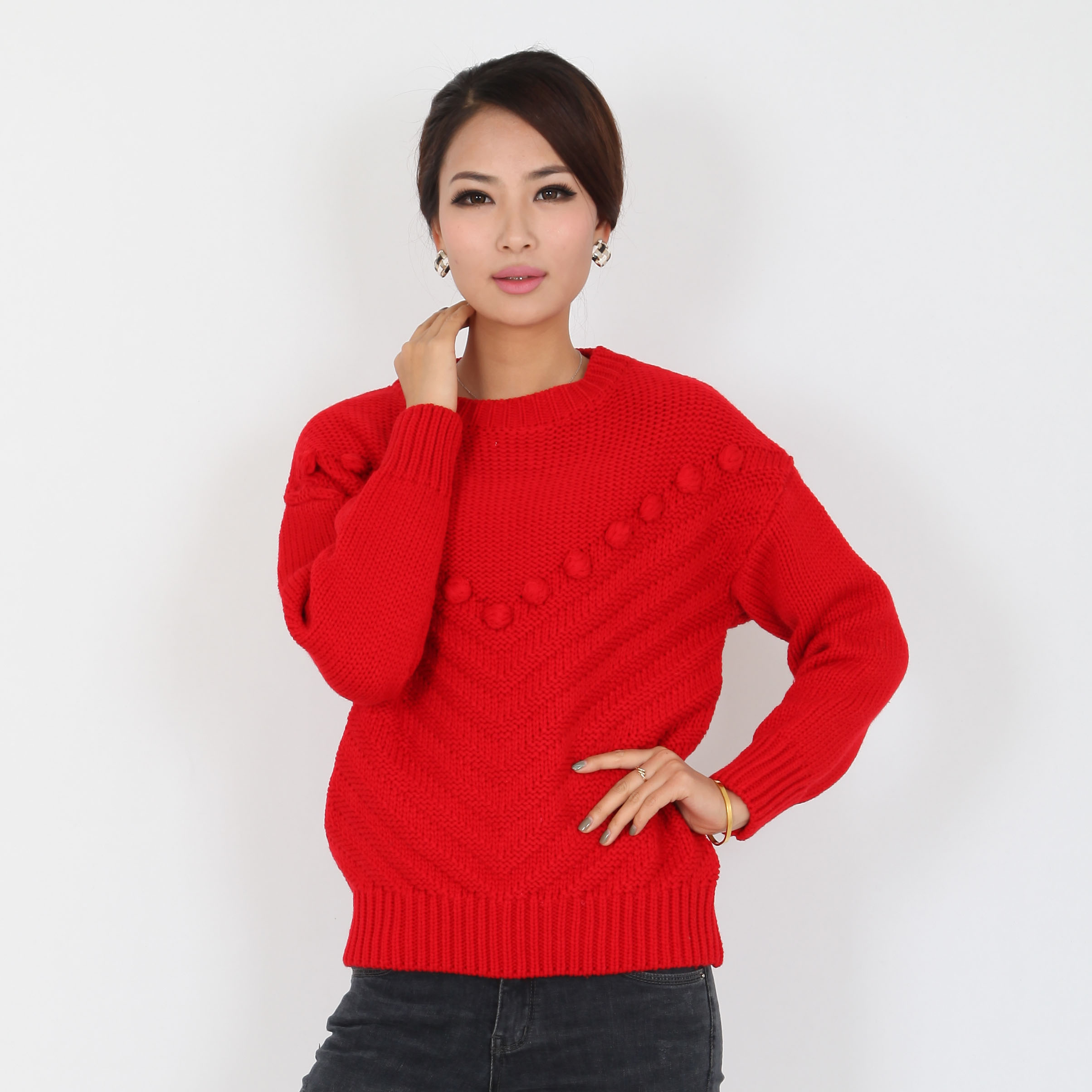 2015TT韩国新款 圆领套头针织立体毛球球V纹套头宽松女毛衣羊毛衫