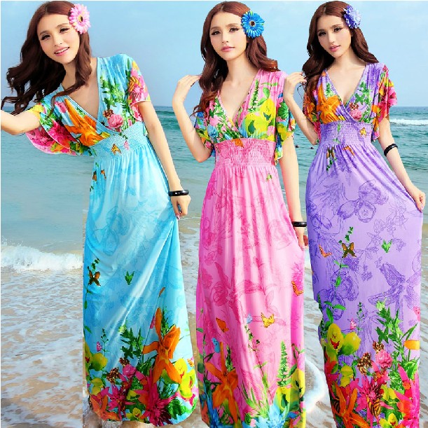 2015夏季潮波西米亚长裙冰丝V领蝠蝙袖显瘦连衣裙海边度假沙滩裙