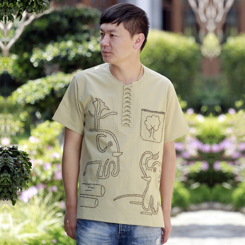 泰国风春夏男士短袖宽松休闲圆领机绣大象图案t恤衬衣男装包邮