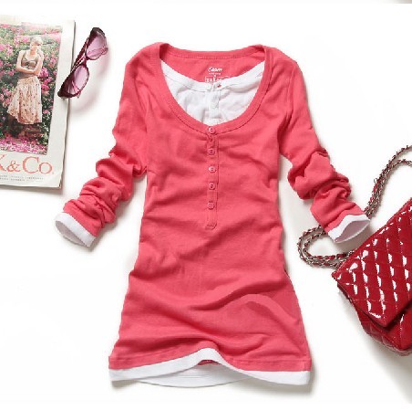 2014春装糖果色女式长袖t恤女款纯棉修身上衣韩版假两件打底衫