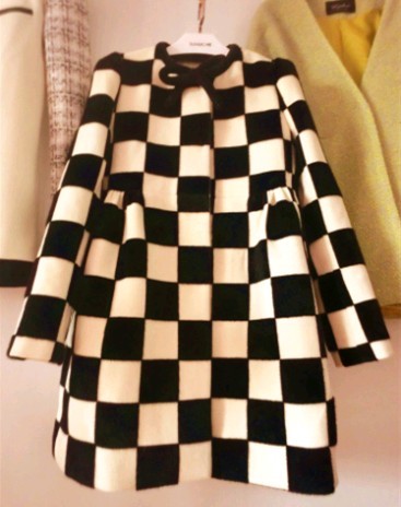 韩国代购 2015秋冬新款女装呢子外套黑白格子羊毛中长款毛呢大衣