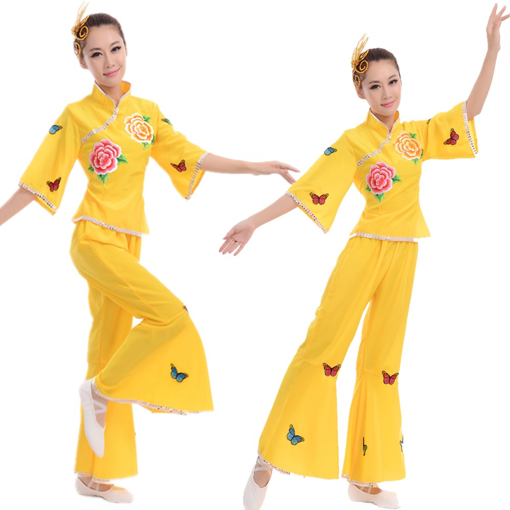 新款黄色蝴蝶秧歌服装民族舞蹈服中老年演出服饰扇子广场舞服装女