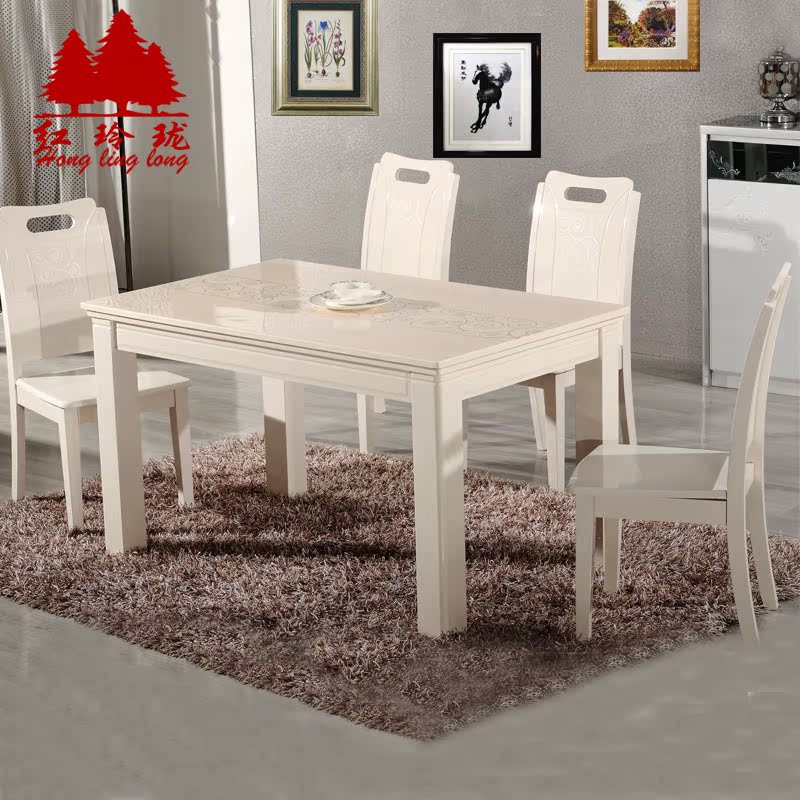 红玲珑韩式大理石餐桌+椅子组合 简约现代方一桌六椅实木餐桌台
