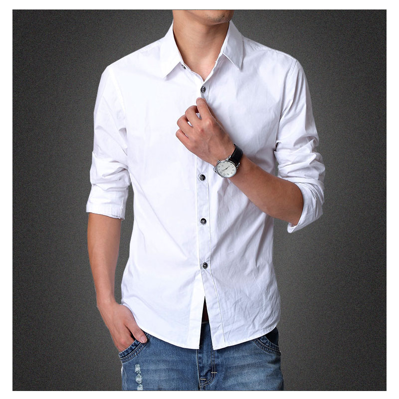 2015春秋新款男式装衬衫韩版修身纯棉纯色白色休闲长袖衬衣男青年